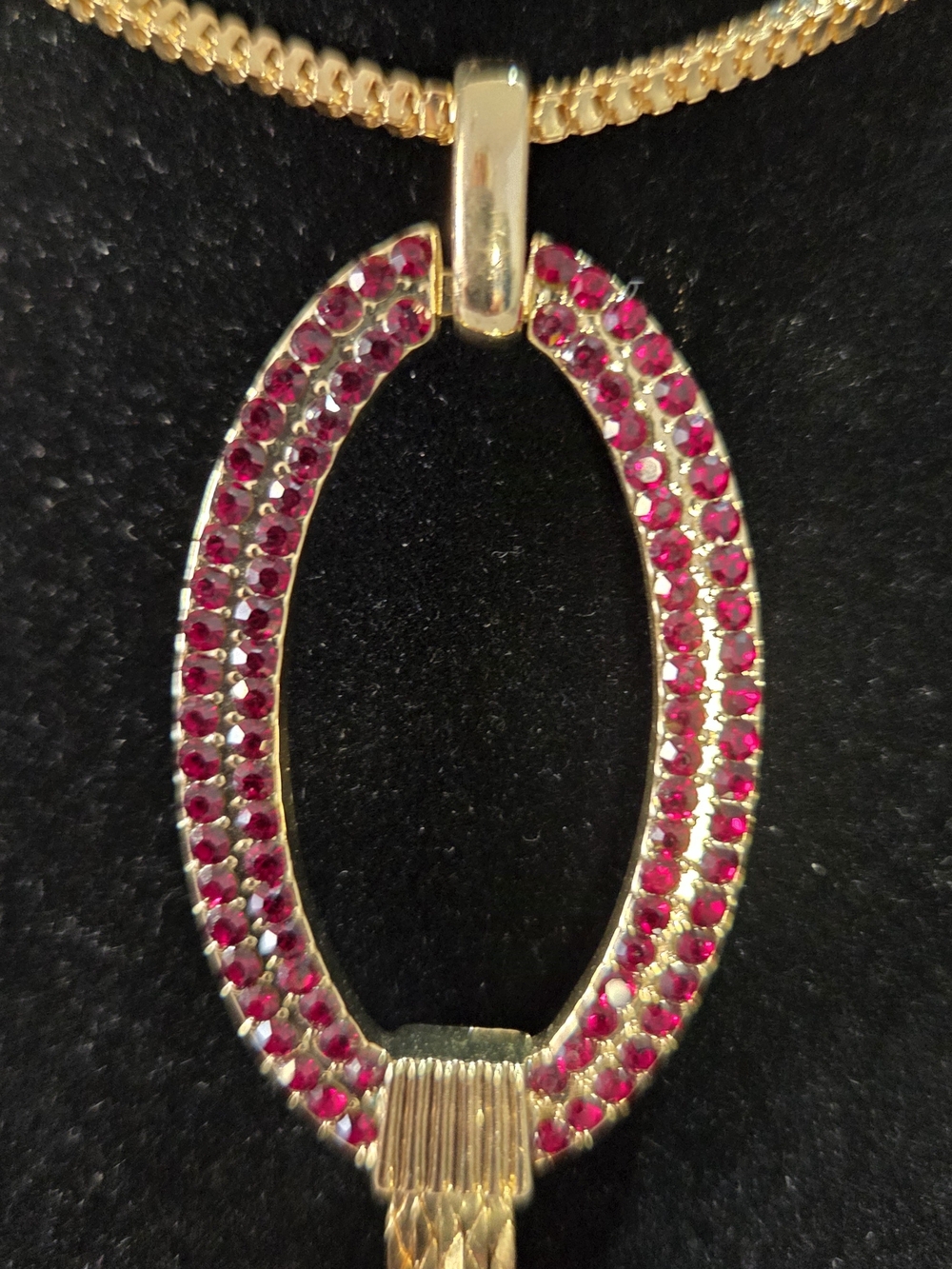 Vogue Gold-Tone Oval Pendant Necklace with Fuchsia Stones